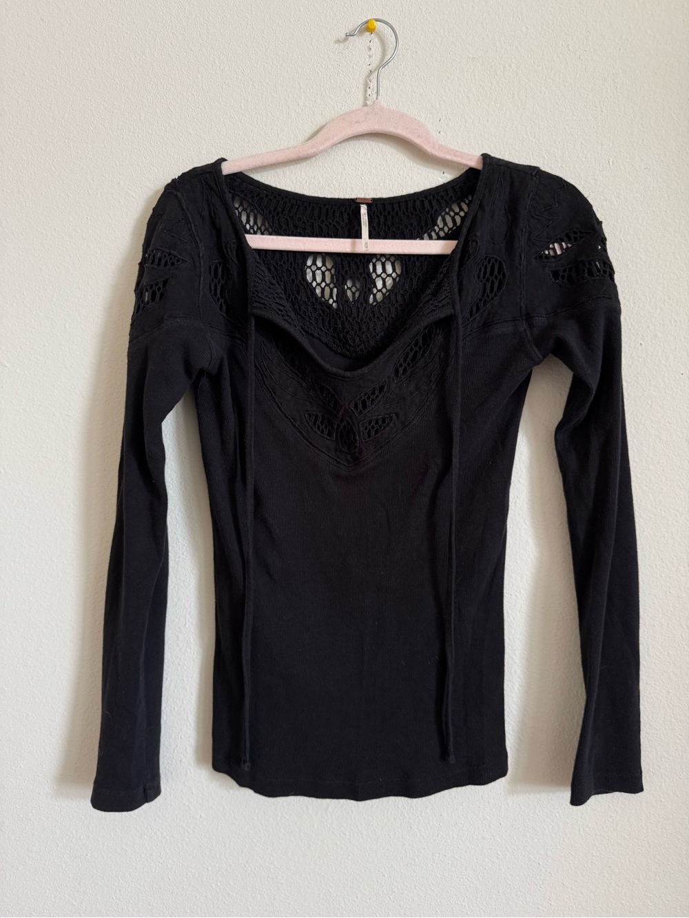 Free People Black Long Sleeve Crochet Ribbed Cotton Boho Indie Top size M